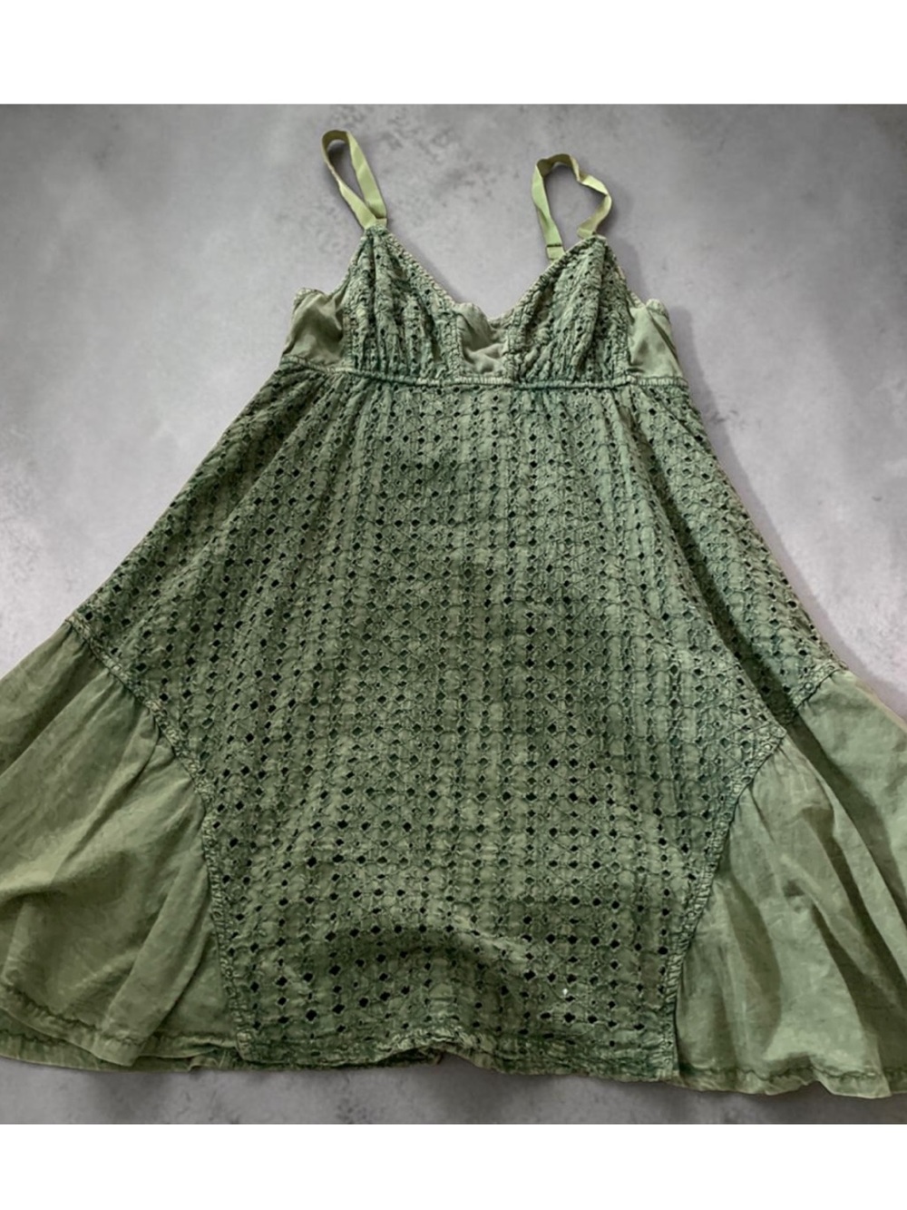 Vintage One of A Kind Free People Moss Green Textured A-Line Dress